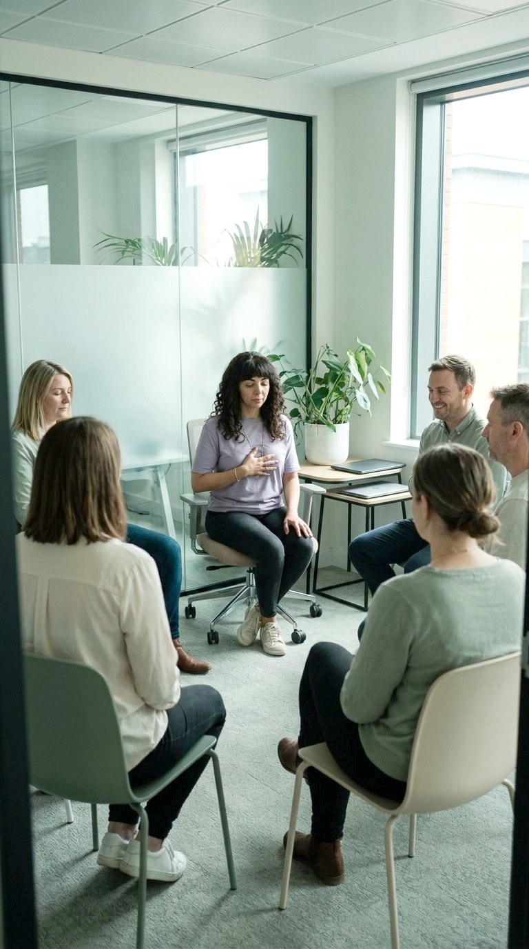 A small team breathwork session in a bright office meeting room