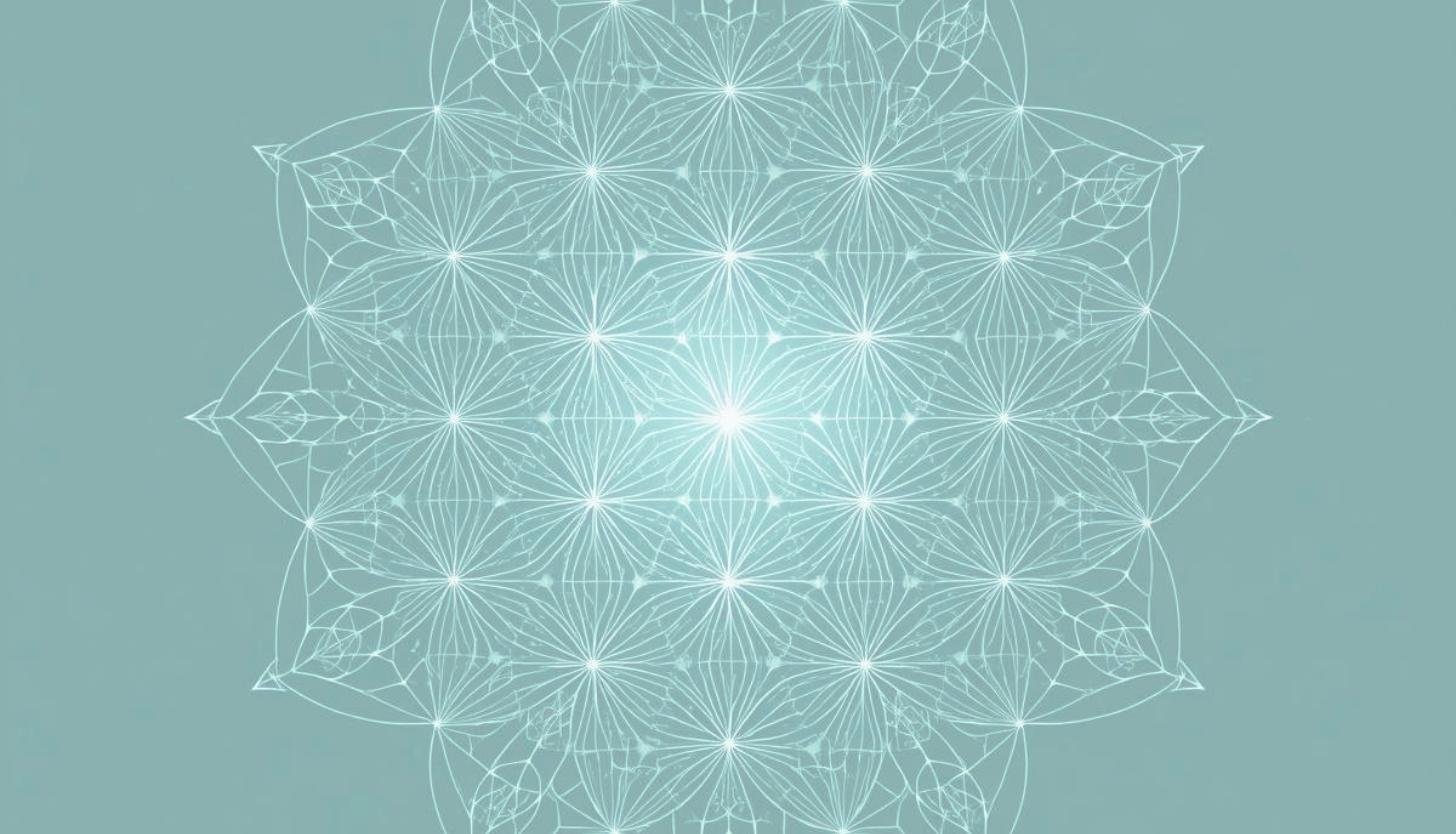 Fine-line sacred geometry glowing softly on teal