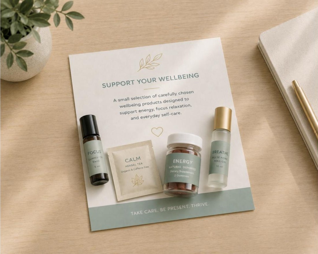 The take-home kit — wellbeing guide and products