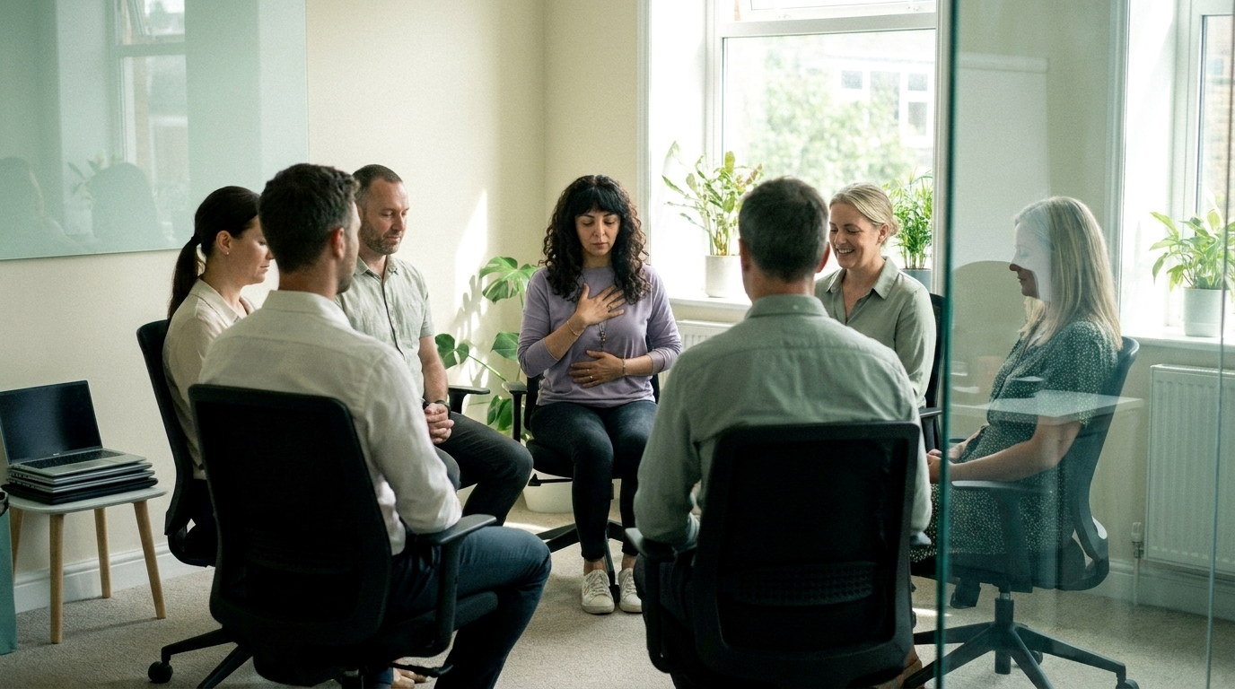 A team seated in a circle during a guided breathwork session