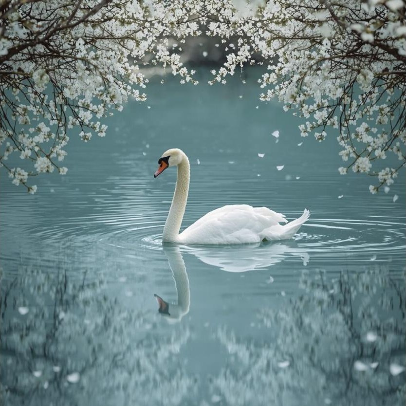 A swan gliding on still water beneath white blossom