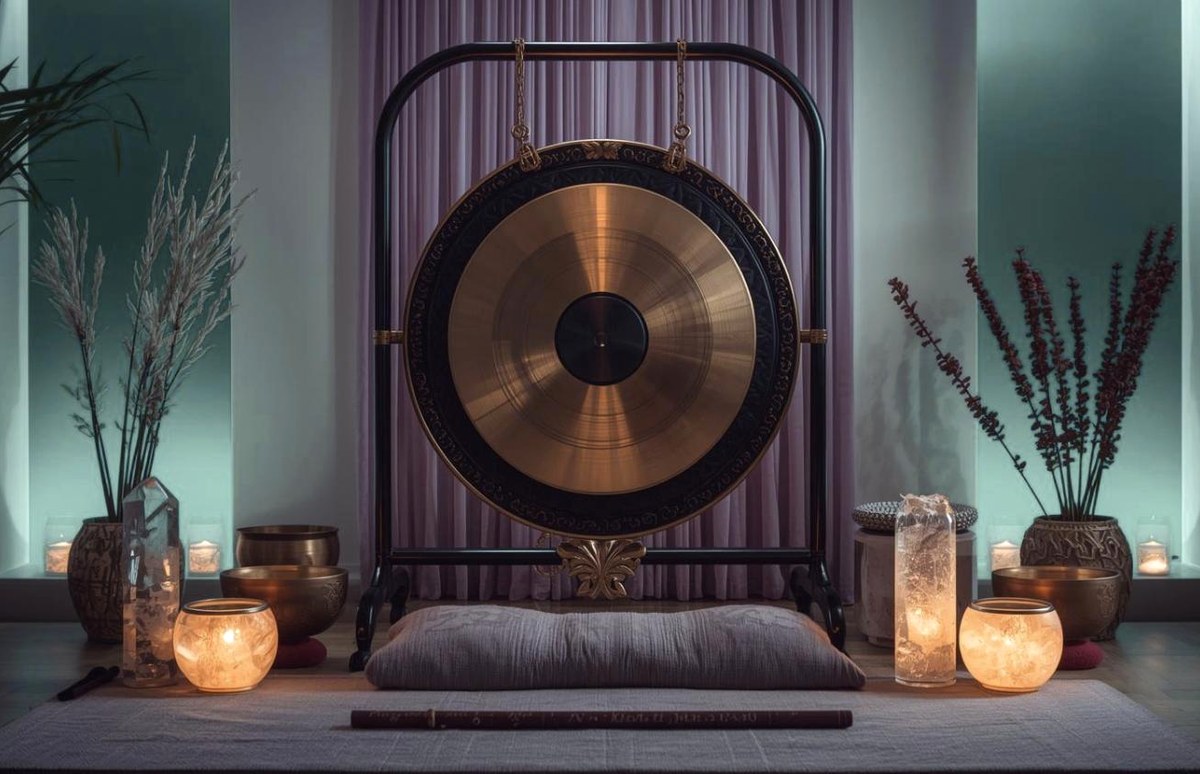 A gong in soft candlelight, ready for a sound journey