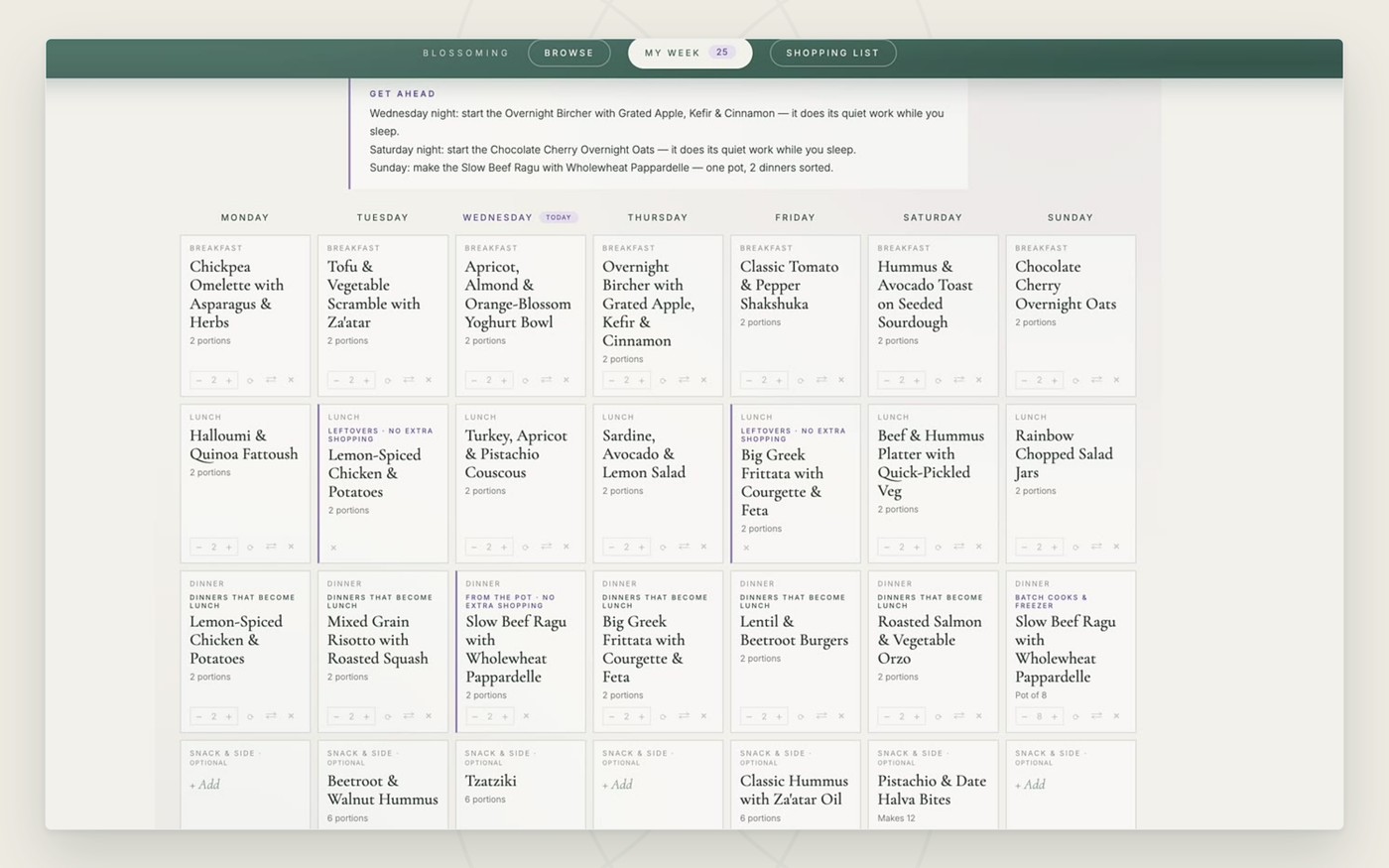The week planner &mdash; meals laid out across seven days, with a shopping list